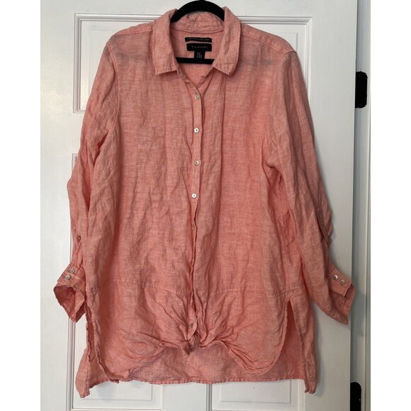 Tahari Linen Button Down Shirt Women 1X Long Pink Roll Tab Sleeve Cover Up Beach - Picture 1 of 6